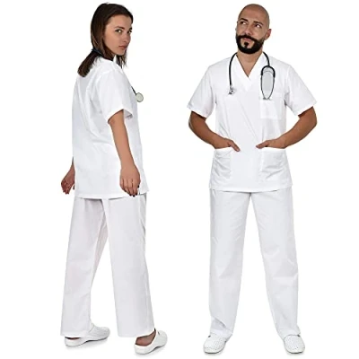 Afbeelding van B well Colombo Unisex Scrub Set Slip on Tuniek + Broek Arts Uniform Jas Top met Medische Werkkleding XXL, Wit