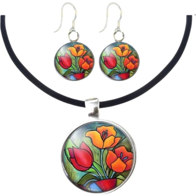 Afbeelding van Set Tulp allergievrije oorhanger en ketting Charme Bijoux