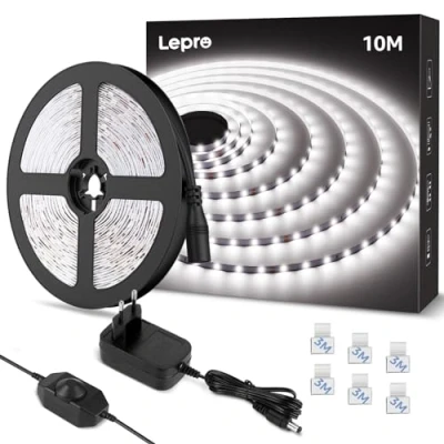 Afbeelding van Lepro ledstrip, 10 m, koudwit, 6000 K, dimbaar, 2835 leds, wit, zelfklevend, 420 superheldere strip met voeding, lichtketting voor binnen, keukendecoratie