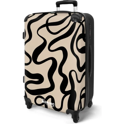 Afbeelding van NoBoringSuitcases.com® Koffer groot Rolkoffer lichtgewicht Beige met zwarte abstracte lijnen Reiskoffer 4 wielen Grote trolley XL 20 kg bagage