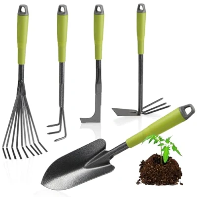 Afbeelding van 5 delige tuingereedschapset tuinset met dubbele schoffel, kleine cultivator, voegenkrabber, handhark, bloemenspaan