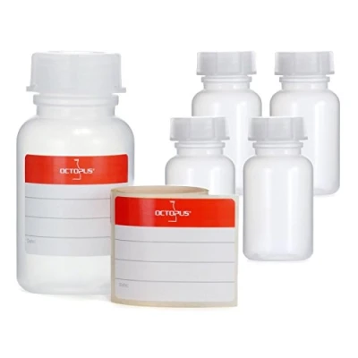 Afbeelding van Octopus 5x 100 ml flessen van LDPE met brede hals schroefdop, lege chemiefles, laboratoriumflessen deksel als opbergvak voor laboratorium, keuken of hobby
