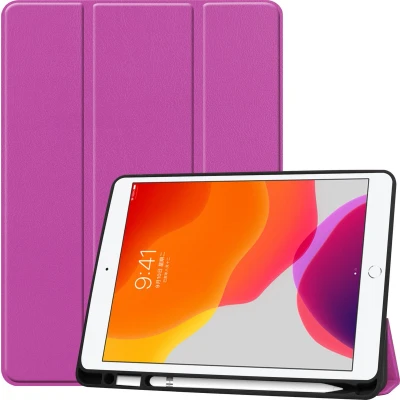 Afbeelding van Tablet Hoes geschikt voor iPad 2021 / 2020 2019 met Apple Pencil Houder &amp; Auto Sleep/Wake functie Tri Fold book Case 10.2 inch Paars