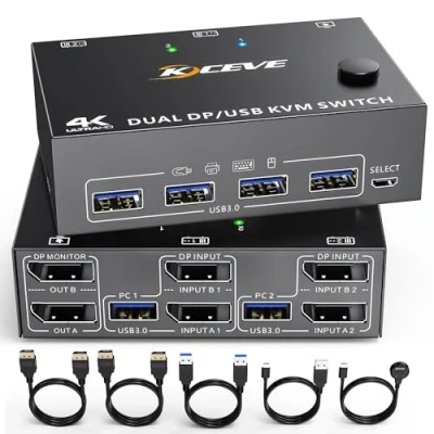 Afbeelding van DP KVM switch twee monitoren, 2 computers DisplayPort USB 3.0 switch, ondersteunt 4K @ 60 Hz voor die toetsenbord, muis en monitor delen