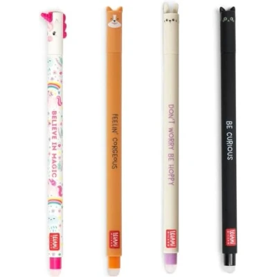 Afbeelding van LEGAMI Set van 4 gelgummetstiften, schattig, pennen met uitwisbare inkt, kittens, eenhoorn, haasje en corgi hond, uitwisbaar zonder vel te verbruiken, 0,7 mm punt