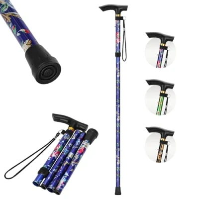 Afbeelding van supregear Opvouwbare Wandelstok voor Vrouwen, Lichtgewicht Bloemenstok met Polsband en T handvat, Verstelbare Hoogte in 5 Niveaus, Reiswandelstok Ouderen Gehandicapten, Draagbare
