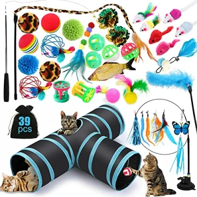 Afbeelding van JOTOL 39pcs Kattenspeelgoed,Cat Interactive Wand Toy Set,Kattenspeelgoed Set voor Indoor Katten met Kattentunnels,Ballen,Veerspeelgoed,Pluche Speelgoed,Speelgoedmuizen Kitten