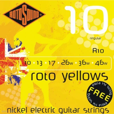 Afbeelding van Rotosound roodo Yellows R10 10 46 nikkel Regular e1 dubbelt Elektrische gitaarsnaren