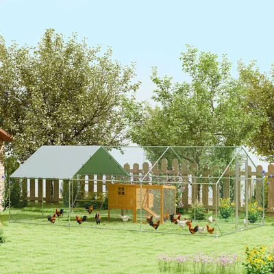 Afbeelding van PawHut Hühnerstall Freilaufgehege aus Stahl, 300 x 600 195 cm Hühnerkäfig mit UV beständiger Abdeckung, Futtertür, Hängefütterung, Sitzstange, Hühnergehege für 18 24 Hühner, Kleintiere, Silber