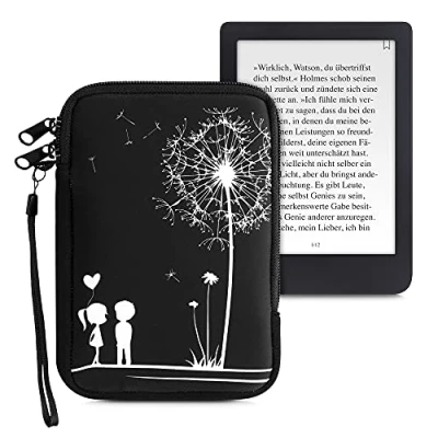 Afbeelding van kwmobile Universele Cover voor eReader Neopreen hoesje Paardenbloemen Liefde design wit / zwart 17 x 12 2 cm