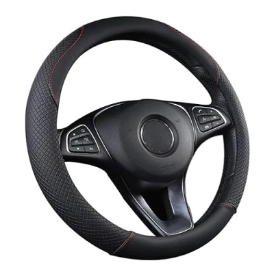 Afbeelding van UHOL Auto Stuurhoes Heavy Duty van leer 38 cm / 15 &#039;&#039; Antislip Universele Zwart &amp; Rood (+ Vuilnisbak)