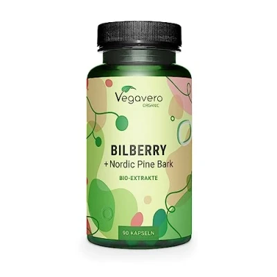 Afbeelding van Vegavero BIOLOGISCHE BOSBESSEN &amp; PIJNENSCHORS capsules Anthocyanen uit bosbessenextract Feno Myrtillus® pijnboomschorsextract FINLAND Vegan Zonder toevoegingen 90
