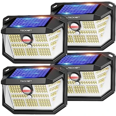 Afbeelding van TECKNET Buitenlamp op zonne energie, 231 leds, zonnelamp met 300 graden verlichting, wandlamp, waterdicht IP65, 3 modi, bewegingsmelder, voor tuin, terras en garage, 4 stuks