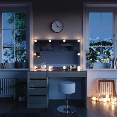 Afbeelding van Vicco Make uptafel Sherry, greige, 120 cm met ledverlichting en kruk