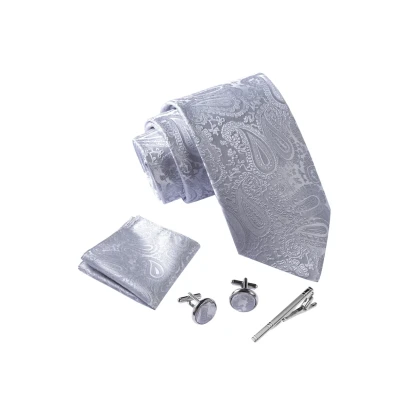 Afbeelding van Stropdas set Paisley Hal Grijs met manchetknopen, pochet en dasspeld luxe stropdassen voor heren in Geschenkdoos Mens tie