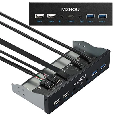 Afbeelding van MZHOU 5.25 Inch Front Panel USB Controller, Interne Hub met 10Gbps USB3.1 Gen2 Type C en 4 A Poorten, 20 pin E Key Header USB3.0 19PIN vereist, 1 HD Audio Port Microfooningang.