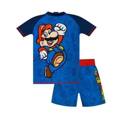 Afbeelding van Super Mario Jongens Zwemset Tweedelig Zwempak Gaming Kinderen Rash Vest en Zwembroek Blauw 128