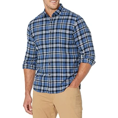 Afbeelding van Amazon Essentials Men&#039;s Geruit flanellen overhemd met lange mouwen en slanke pasvorm (kleuren in beperkte oplage), Zwart Blauw Plaid, XXL