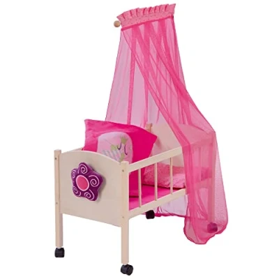Afbeelding van Roba Poppenbed uit poppenmeubel serie &#039;Happy Fee&#039;, poppenaccessoires hout natuur incl. textiel uitrusting, beddengoed &amp; hemel roze