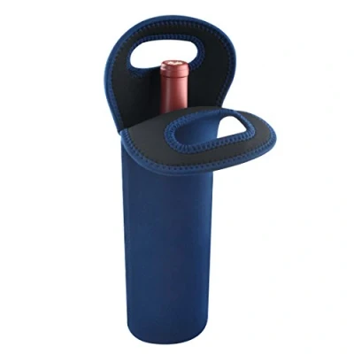 Afbeelding van Linkidea Wijnfles reisdrager en koeltas, wijndraagtas, picknickkoeler, waterdranken, bier geïsoleerde neopreen handtas voor reizen met veilige draaggreep (blauw)