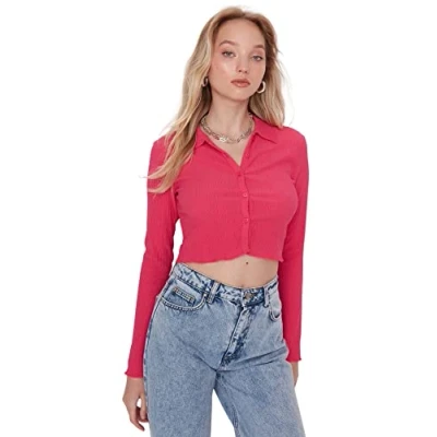 Afbeelding van Trendyol Marineblauwe Aansluitende Polo Halsomslag/Getextureerde Crop Gebreide Blouse Twoaw22Bz0241