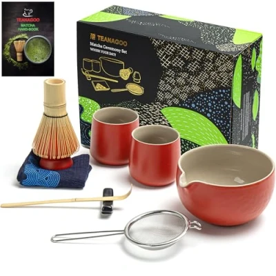 Afbeelding van TEANAGOO Matcha Set Klopper Kom met Schenktuit Schep Whisk Houder Thee Making Kit. Japanse theeset (7st) + 2 kopjes (7.2oz),S19,Rood,Verpakking in kleurendoos...