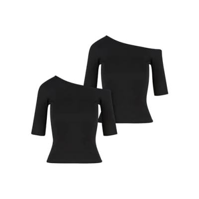 Afbeelding van Urban Classics Dames T shirt voor dames, organic Asymmetric Rib Tee, 2 pack, asymmetrisch damestop van biologisch katoen, slim fit, maten XS 5XL, zwart + zwart., M