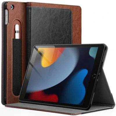 Afbeelding van JETech Hoes voor iPad 10,2 Inch, 9e/8e/7e Generatie (2021/2020/2019) met Pencil Houder, Multi Hoek Standaard Zacht TPU Beschermende Case Automatisch Wekken/Slapen (Zwart/Bruin)