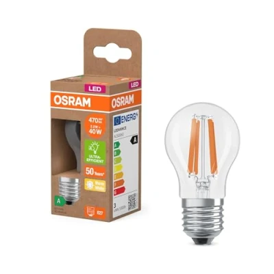 Afbeelding van OSRAM LED Superstar classic lamp P 40 in mini ball shape, clear glass body, 2.2 W, 470 lm, E27 socket, warm white light with 2,700 K, EEK A, 45 mm diameter.