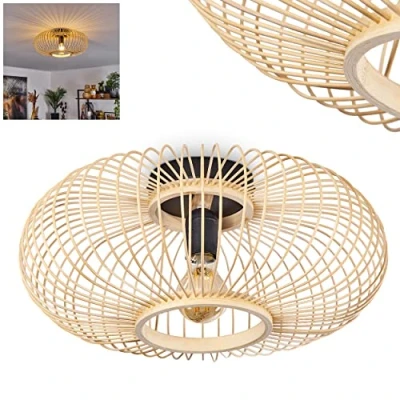 Afbeelding van Oravi plafondlamp, ronde plafondlamp van metaal/bamboe in zwart/natuur, 1 lichts, E27 fitting, Ø 40 cm, licht retro/vintage design met geweldig lichteffect door rasteroptiek, zonder gloeilamp
