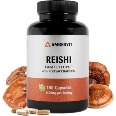 Afbeelding van Reishi capsules 180 stuks 1400 mg paddenstoelenextract per portie 40% bioactieve polysachariden Hooggedoseerde Ganoderma Lucidum medicinale paddenstoelen Veganistisch Ambervit