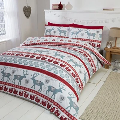 Afbeelding van Scandi 100% geborsteld katoen flanel dekbedovertrek en 2 kussensloop beddengoed set rood/veelkleurig, dubbel