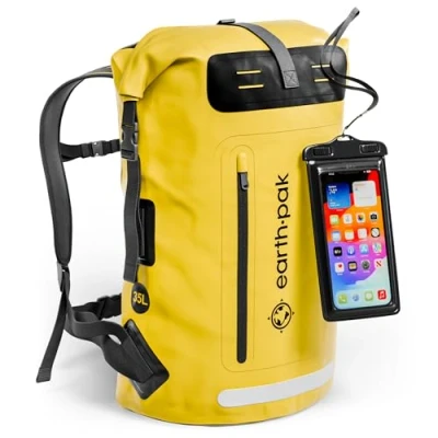 Afbeelding van Earth Pak Waterdichte rugzak Heavy Duty Roll Top Sluiting met Gemakkelijke Toegang voor Ritssluiting Zak en Gewatteerd Achterpaneel Comfort IPX8 Telefoon Case, Geel,