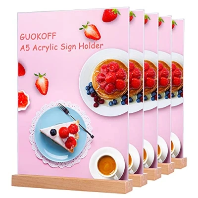 Afbeelding van GUOKOFF Acryl Sign Houder A5, 5 Pack Teken Houder, T vorm Acrylic Holder, Poster Menu Plastic Display Stands, Wooden Base Holder