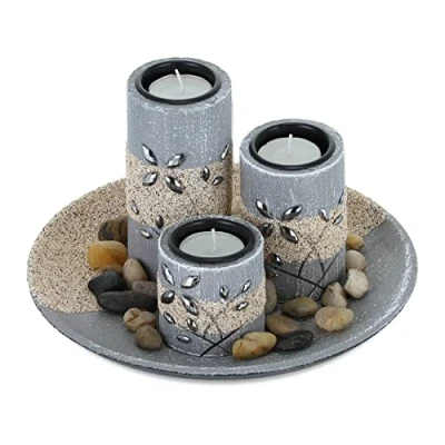 Afbeelding van Relaxdays theelichthouder voor 3 kaarsjes, ronde schaal, met theelichtjes en steentjes, tafeldecoratie, grijs/zand