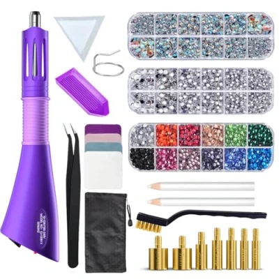 Afbeelding van hotfix Applicatorset, strass steentjes, applicatorset met 7 applicatorpunten en glitterstenen voor stof, handwerk, strassteentjes, zelfklevend, 3 dozen, gemengde kleur,