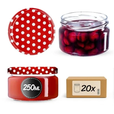 Afbeelding van KADAX Kleine inmaakpotten, 250 ml, jampotten met deksel, luchtdichte potten om cadeau te geven, mini voor honing en specerijen (20 stuks, rood gestippeld)
