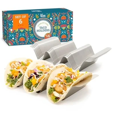 Afbeelding van Chef Tacos Roestvrijstalen taco houder, set van 6 stuks, houderstandaard met handgrepen, vaatwasser en grillbestendig, serveerset, BPA vrije metalen standaard