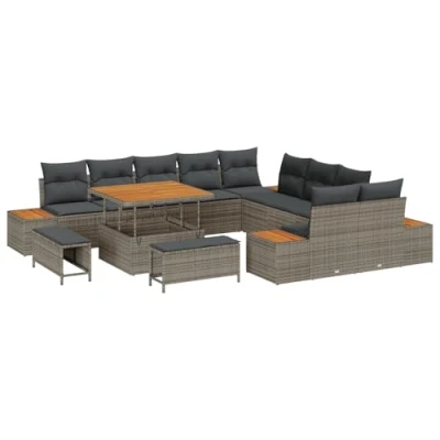 Afbeelding van vidaXL 13 delig Tuin Sofa Set met Kussens Grijs Poly Rattan Acacia, 3 Eettafel Acacia