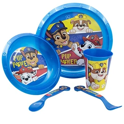 Afbeelding van 5 delige kinderserviesset. bord, kom, 260 ml glas en bestek. BPA vrij PAW PATROL PUP POWER