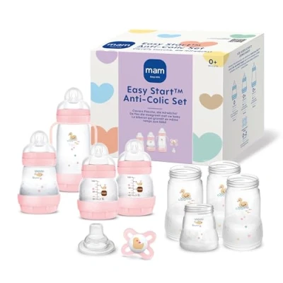 Afbeelding van MAM Easy Start Anti koliek starterset, meegroeiende babyuitrusting met fopspeen, flessen en handgrepen, babycadeauset, vanaf de geboorte, roze