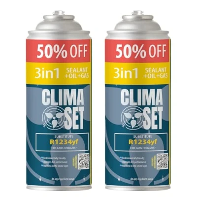 Afbeelding van ClimaSet 3in1 R1234yf koelmiddel vervangend gas airconditioning auto gasfles 2x235 g bijvullen set camper ECO