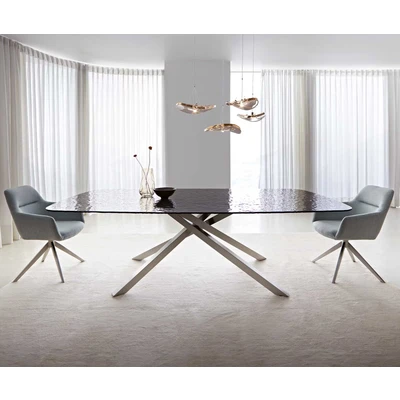 Afbeelding van Eetkamertafel Edge Boot Glas smelten rokerig zwart 3D Relief 240x120 kruisframe rechthoek RVS