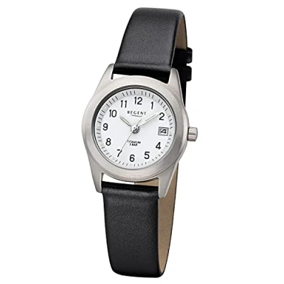 Afbeelding van REGENT Dameshorloge met lederen band, titanium behuizing en gesp, klein, licht, Arabische cijfers, kwarts, 26 mm diameter, datum, wit, Riemen.