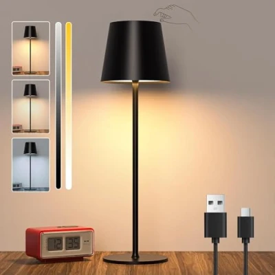 Afbeelding van LED Draadloze Dimbare Tafellamp, Oplaadbare Batterij Tafellamp met Touch Control, IP44 Waterdichte Buiten Tafellampen USB C voor Terras, Restaurant, 5600mah, 5W, Zwart