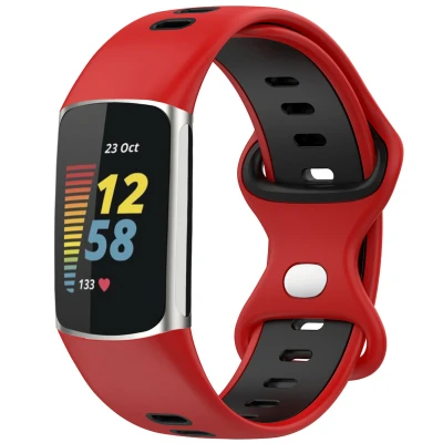 Afbeelding van Siliconen sport bandje voor de Fitbit Charge 5 / 6 Rood Zwart iMoshion En TPU (zacht)