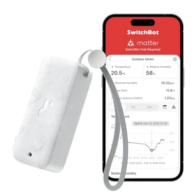 Afbeelding van SwitchBot IP65 Buiten Binnen Thermometer Hygrometer, 120m Bluetooth Bereik, Koelkast Thermometer, Dauwpunt/VPD/Absolute Vochtigheid Sensor, Gratis Data Opslag Export, 2 Jaar Levensduur Batterij
