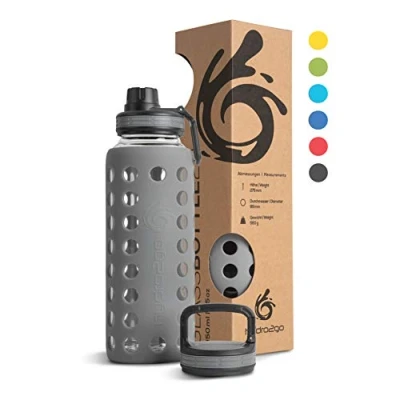 Afbeelding van Drinkfles van glas met siliconen hoes, 950 ml, vaatwasmachinebestendig, 2 verwisselbare deksels, 100% lekvrij, BPA vrij, glazen fles voor smoothies, kantoor, fitness, yoga, sport en outdoor