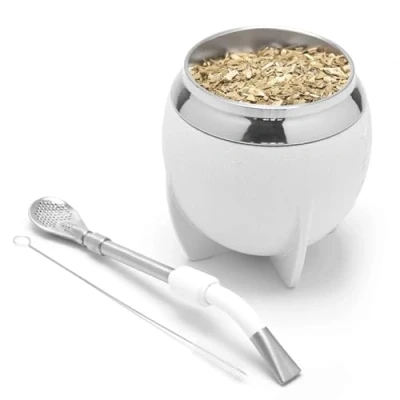 Afbeelding van BALIBETOV Yerba Mate Cup en Bombilla Set, inclusief roestvrijstalen Kalebas, Premium reinigingsborstel (wit)