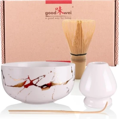 Afbeelding van Matcha Set Japanse Theeset Ceremonie Kit met en moderne Schaal, Matchaklopper Chasen Houder (80, White Marble)